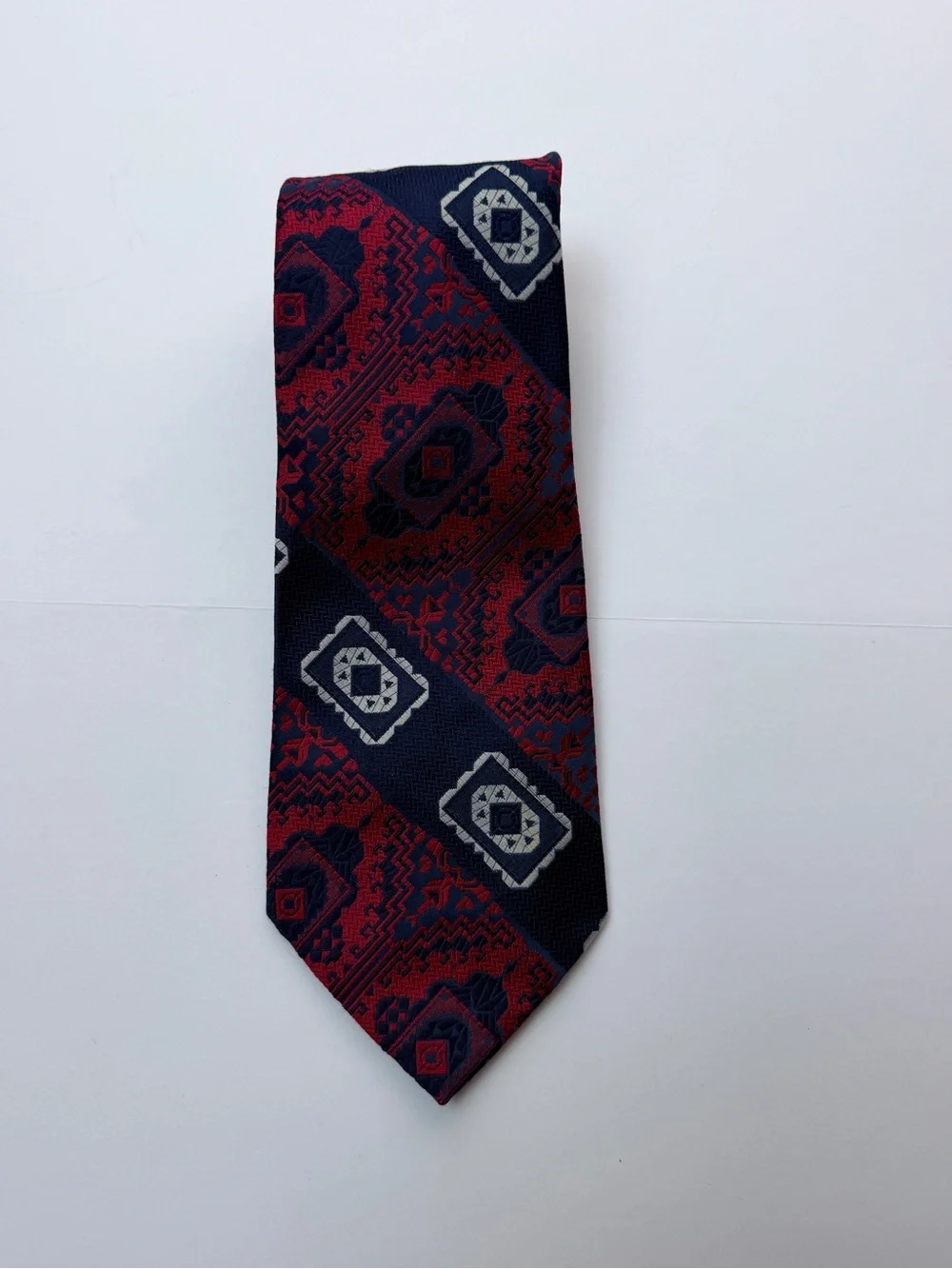 Vintage Grenada by Excello Men’s Necktie Red Navy Geometric Woven Wide Tie